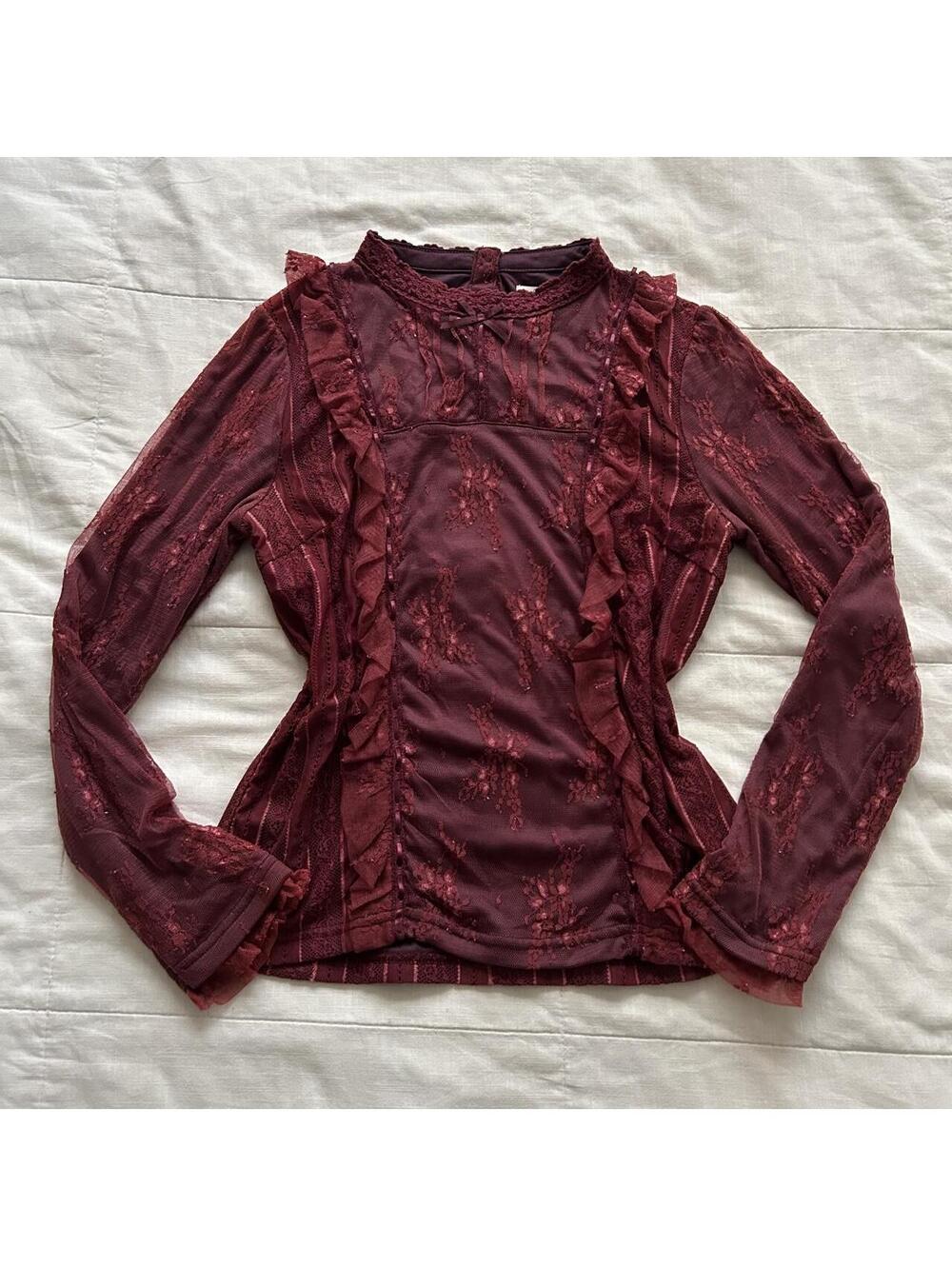 Axes Femme Burgundy Red Floral Lace Ruffle Blouse Flared Sleeves Size M Japan